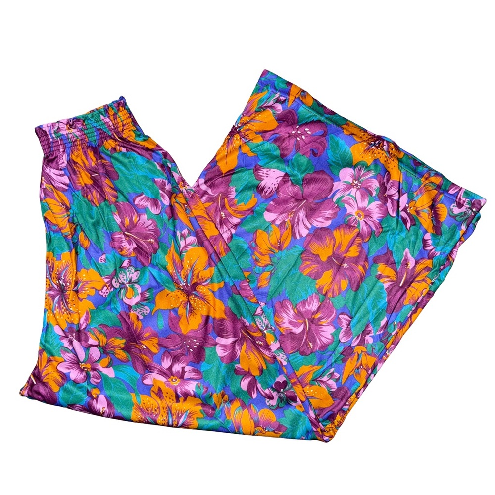 💙💖 Vintage‎ High Waist Wide Leg Floral Pants Boho Summer Retro Resort Tropical